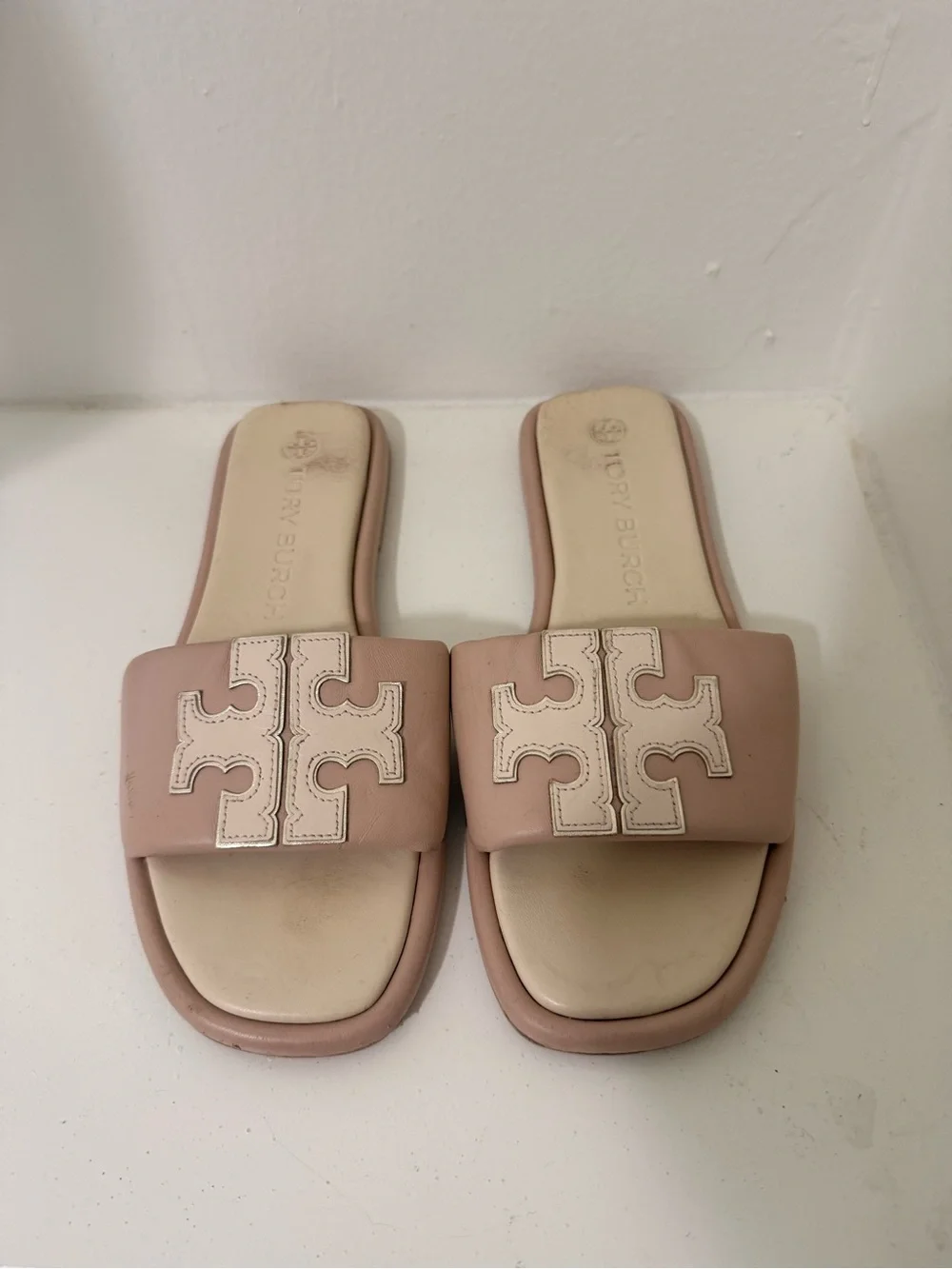 Tory Burch Pink and Cream Slide Sandals